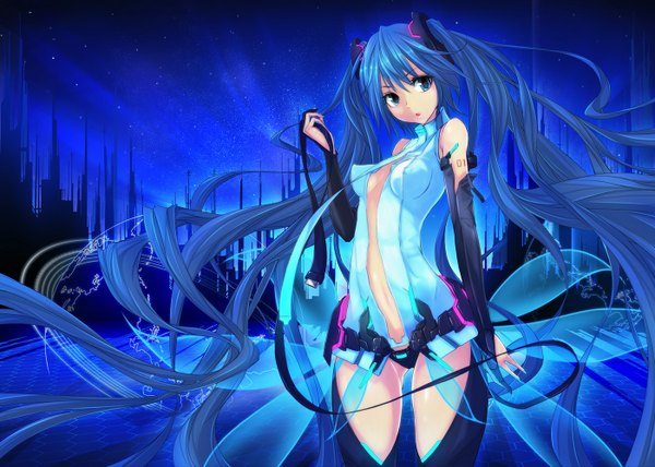 Anime picture 1400x1000 with vocaloid vocaloid append hatsune miku hatsune miku (append) maru-pen single long hair looking at viewer blue eyes light erotic twintails bare shoulders blue hair midriff girl navel detached sleeves star (stars)