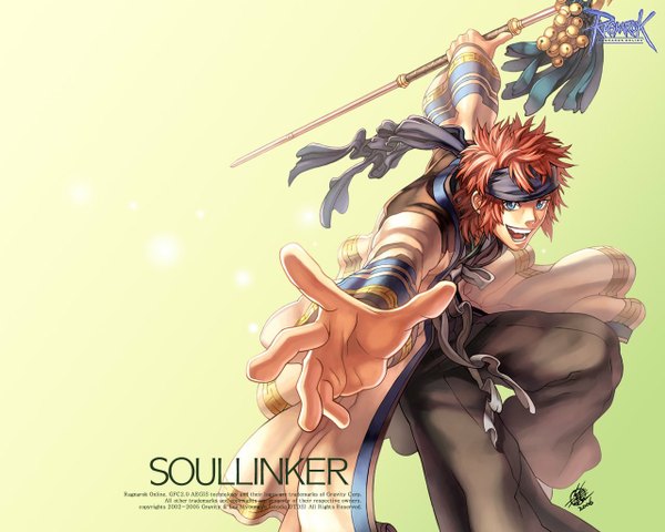 Anime picture 1280x1024 with ragnarok online soul linker single short hair open mouth blue eyes simple background smile red hair traditional clothes inscription wide sleeves official art teeth wallpaper jumping boy ribbon (ribbons) weapon bell