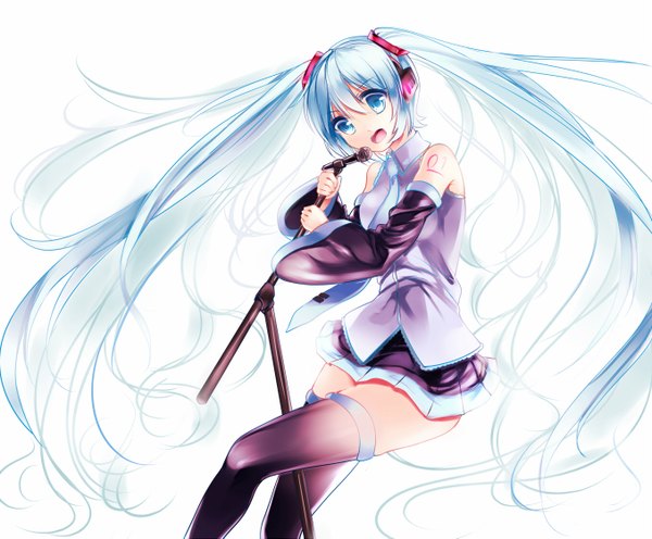 Anime picture 1356x1121 with vocaloid hatsune miku aaru single looking at viewer open mouth blue eyes white background twintails bare shoulders very long hair aqua hair girl thighhighs skirt detached sleeves headphones microphone stand