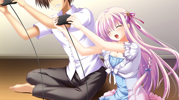 Anime picture 1024x576 with fortuna rhapsody long hair open mouth wide image pink hair game cg braid (braids) eyes closed girl dress boy