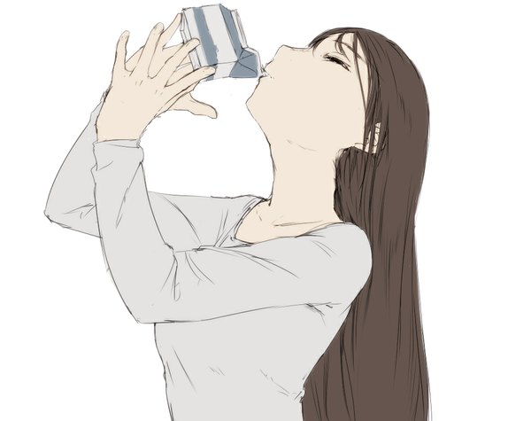 Anime picture 1024x812 with original nyo-ra single long hair simple background brown hair standing white background eyes closed profile drinking girl milk milk carton