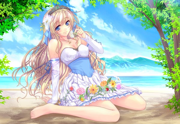 Anime picture 1280x882 with original mahiro takeumi single long hair blue eyes blonde hair bare shoulders barefoot hair flower mountain girl dress hair ornament flower (flowers) plant (plants) detached sleeves tree (trees) tiara