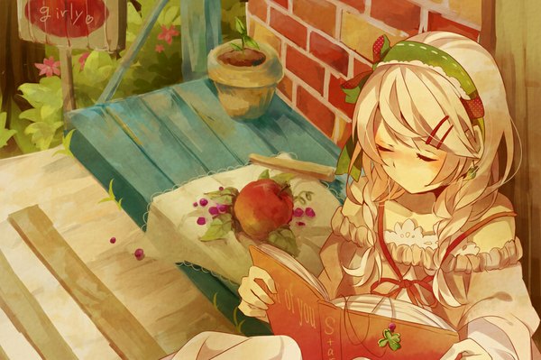 Anime picture 1000x666 with vocaloid ia (vocaloid) makoji (yomogi) single long hair sitting bare shoulders white hair braid (braids) eyes closed girl hair ornament flower (flowers) bow plant (plants) hairclip book (books) grass apple
