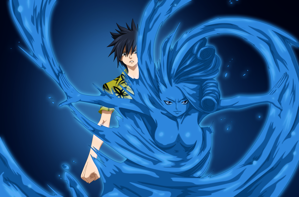 Anime picture 1600x1055 with fairy tail gray fullbuster juvia lockser flowerinhell looking at viewer fringe short hair breasts blue eyes light erotic simple background blue hair black eyes teeth magic glow girl boy shirt water