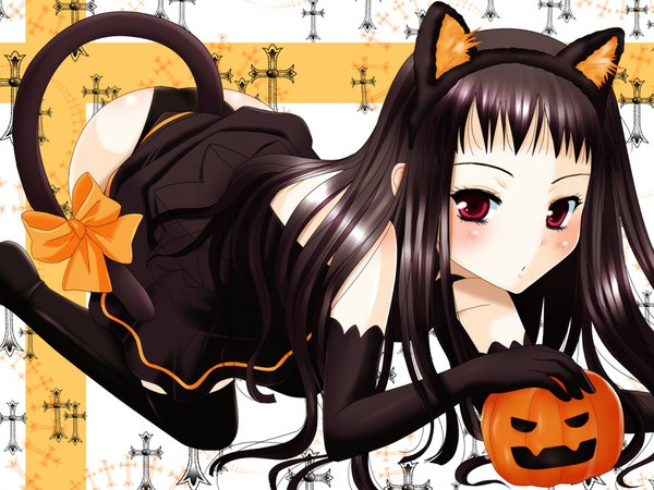 Anime picture 1024x768 with ar tonelico ar tonelico ii gust (company) jacqli inumori sayaka single long hair looking at viewer blush fringe light erotic black hair red eyes animal ears tail animal tail cat ears cat tail fake animal ears halloween