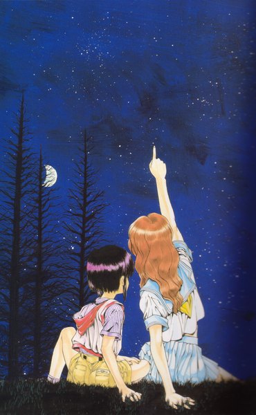 Anime picture 1200x1945 with seraphic feather long hair tall image short hair multiple girls purple hair from behind orange hair night crescent pointing girl 2 girls plant (plants) tree (trees) serafuku shorts moon star (stars)