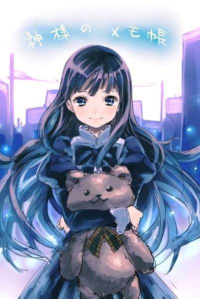 Anime picture 1002x1496 with kamisama no memochou shionji yuuko (alice) senri gan single long hair tall image looking at viewer blush blue eyes black hair smile hieroglyph girl toy stuffed animal teddy bear