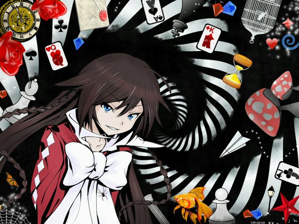 Anime picture 1600x1200 with pandora hearts xebec alice (pandora hearts) single long hair looking at viewer fringe blue eyes smile hair between eyes brown hair braid (braids) wallpaper girl bow animal heart insect butterfly clock