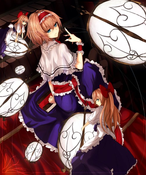 Anime picture 1032x1232 with touhou alice margatroid miruto netsuki netukitune tall image short hair blue eyes blonde hair girl dress bow hair bow hairband book (books) wrist cuffs doll (dolls)