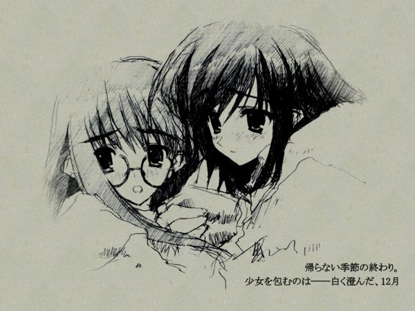 Anime picture 1024x768 with tenshi no inai 12-gatsu kurihara touko sakaki shinobu long hair open mouth multiple girls text holding hands monochrome sketch girl 2 girls