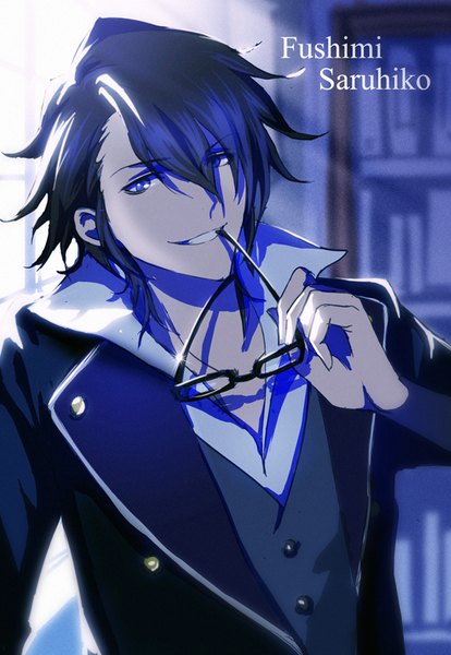 Anime picture 552x800 with k-project gohands (studio) fushimi saruhiko kino666 single tall image looking at viewer fringe blue eyes black hair smile hair between eyes upper body open shirt character names eyewear removed boy shirt glasses