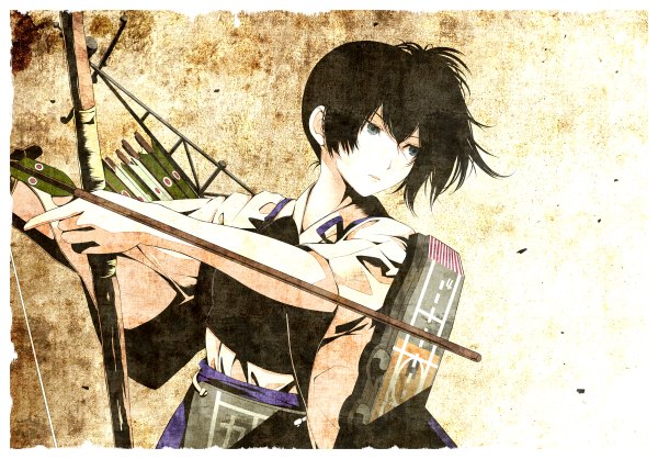 Anime picture 1200x836 with kantai collection kaga aircraft carrier tsukumo single short hair black hair looking away ponytail traditional clothes japanese clothes grey eyes side ponytail girl weapon armor blouse bow (weapon) arrow (arrows) breastplate muneate