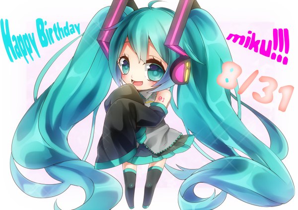 Anime picture 1500x1060 with vocaloid hatsune miku kyouda suzuka single looking at viewer blush open mouth simple background white background twintails long sleeves very long hair aqua eyes aqua hair character names chibi happy birthday girl detached sleeves headphones