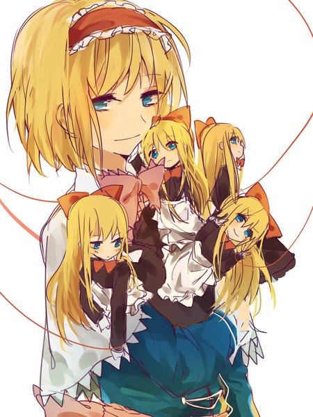 Anime picture 1417x1889 with touhou alice margatroid shanghai zgxuke single long hair tall image looking at viewer blush short hair blue eyes simple background blonde hair smile white background girl hairband mantle puppet