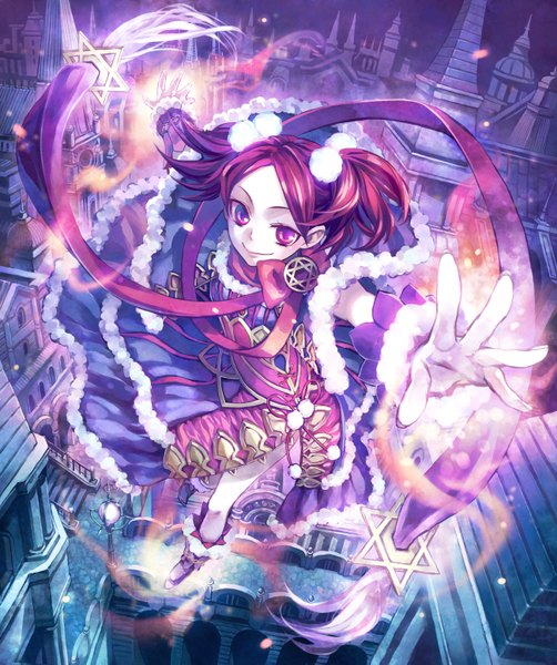 Anime picture 1300x1555 with original pixiv fantasia minami seira single tall image highres smile pink hair pink eyes from above city magic glowing light flying ribbon (ribbons) boots building (buildings) lantern castle