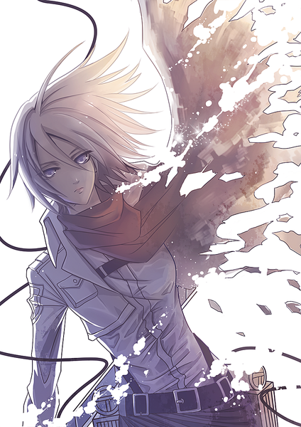 Anime picture 800x1131 with shingeki no kyojin production i.g mikasa ackerman qinshou single tall image looking at viewer short hair blonde hair simple background white background purple eyes girl scarf wire (wires)