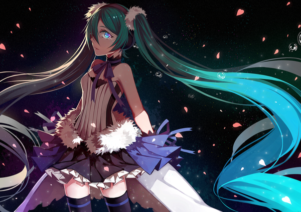 Anime picture 1928x1364 with 7th dragon 7th dragon 2020 vocaloid hatsune miku ayan single fringe highres standing twintails bare shoulders very long hair zettai ryouiki tears glowing glowing eye (eyes) expressionless girl dress hair ornament