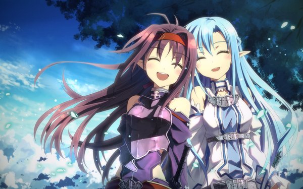 Anime picture 2560x1600 with sword art online a-1 pictures yuuki asuna yuuki (sao) asuna (sao-alo) yuuki tatsuya long hair highres open mouth black hair smile wide image bare shoulders multiple girls blue hair cloud (clouds) eyes closed pointy ears girl dress