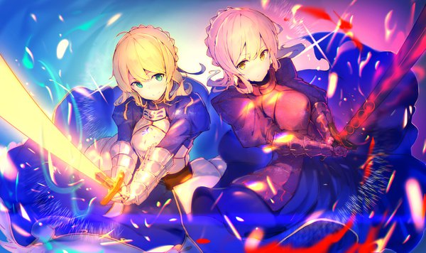 Anime picture 1456x865 with fate (series) fate/grand order fate/stay night artoria pendragon (all) saber saber alter enj! looking at viewer blush fringe short hair blue eyes blonde hair hair between eyes wide image multiple girls green eyes yellow eyes payot ahoge