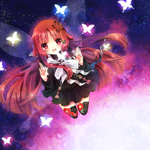 Anime picture 1800x1800 with kokuchou no psychedelica kurenai yuri ytuorvi single long hair blush highres open mouth smile red eyes bent knee (knees) :d orange hair glow insect wings butterfly wings girl thighhighs dress hair ornament