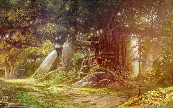 Anime picture 1920x1200 with highres wide image nature boy plant (plants) tree (trees) house bridge roots