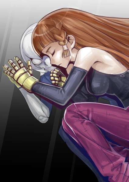 Anime picture 904x1278 with the king of fighters snk kula diamond candy diamond yiran kong xian long hair tall image fringe breasts brown hair bare shoulders multiple girls lying blunt bangs braid (braids) eyes closed profile reflection side braid alternate hair color