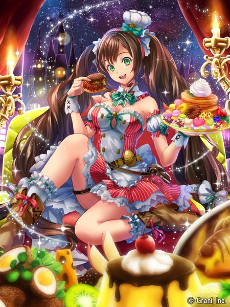Anime picture 2250x3000 with original tao (taobooon) single tall image looking at viewer blush highres open mouth brown hair twintails green eyes very long hair girl dress food boots frills sweets fruit cherry