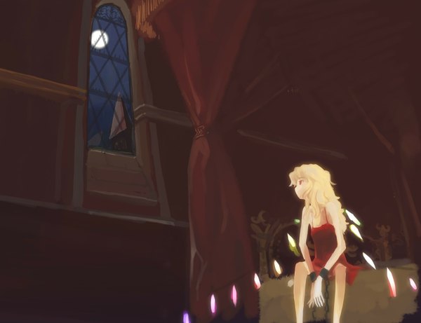 Anime picture 1580x1214 with touhou flandre scarlet pinzu single long hair blonde hair red eyes sitting bare shoulders night girl dress wings window bed moon chain red dress shackles