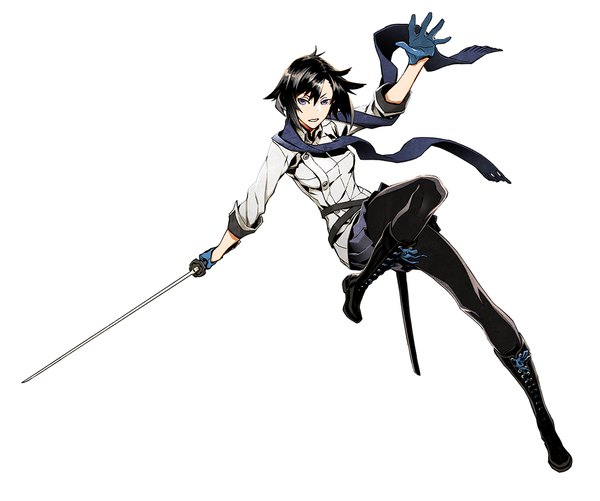 Anime picture 1050x878 with dogs: bullets & carnage david production fuyumine naoto miwa shirow single short hair black hair simple background white background purple eyes holding looking away full body bent knee (knees) pleated skirt leg lift (legs lift) lacing girl skirt weapon