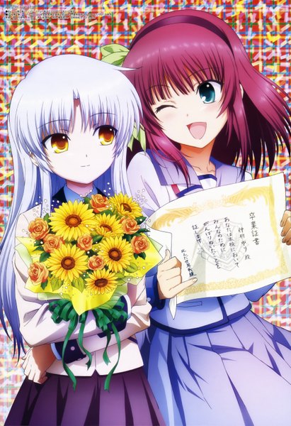 Anime picture 4077x5948 with angel beats! key (studio) tachibana kanade nakamura yuri sekiguchi kanami long hair tall image highres open mouth simple background smile multiple girls green eyes yellow eyes pink hair absurdres white hair one eye closed wink graduation