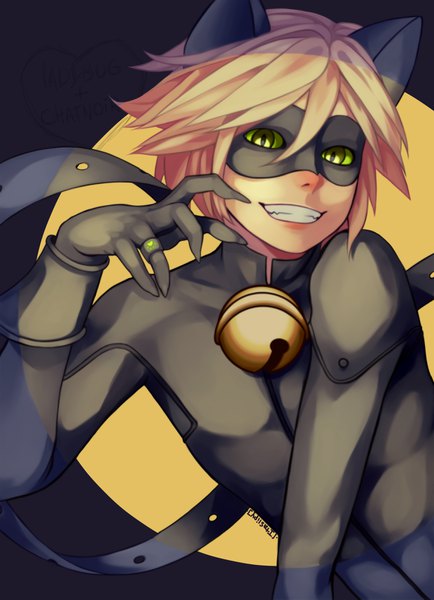 Anime picture 2480x3425 with miraculous ladybug adrien agreste chat noir itaslipy single tall image looking at viewer blush fringe highres short hair blonde hair simple background smile hair between eyes green eyes animal ears upper body tail fingernails