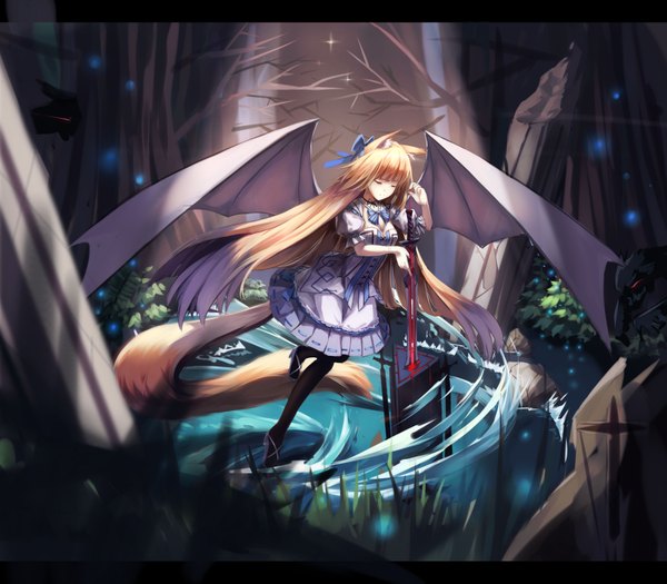 Anime picture 3507x3070 with original cubies (tiger 205) single long hair highres blonde hair animal ears absurdres tail eyes closed animal tail sunlight fox ears fox tail fox girl letterboxed girl dress ribbon (ribbons) weapon