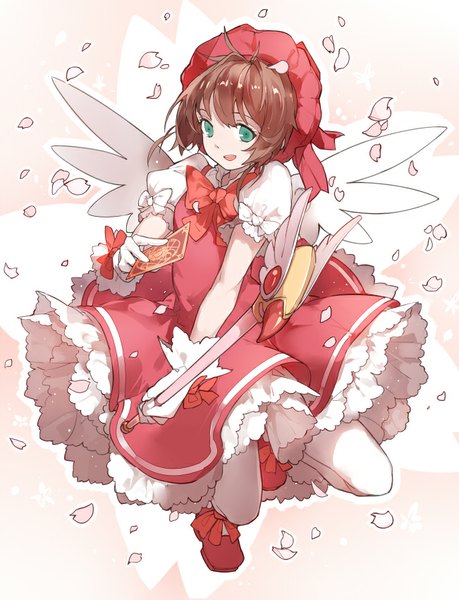 Anime picture 651x850 with card captor sakura clamp kinomoto sakura nine (liuyuhao1992) single tall image fringe short hair open mouth brown hair green eyes ahoge :d angel wings jumping magical girl girl thighhighs gloves black thighhighs