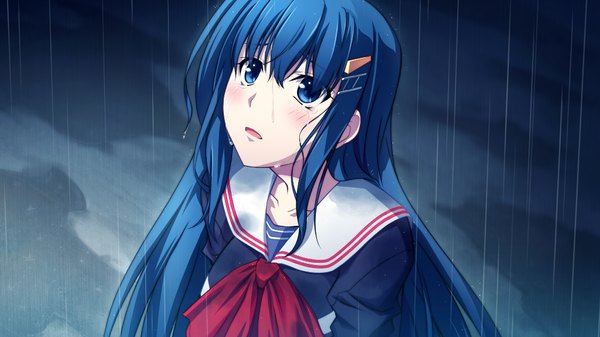 Anime picture 1024x576 with zero infinity long hair blush blue eyes wide image blue hair game cg tears rain girl uniform school uniform