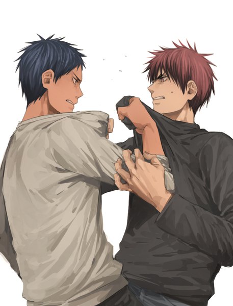 Anime picture 800x1050 with kuroko no basket production i.g aomine daiki kuehsy tall image fringe short hair blue eyes simple background red eyes white background blue hair red hair profile teeth dark skin eyebrows fighting stance angry twisty sleeves