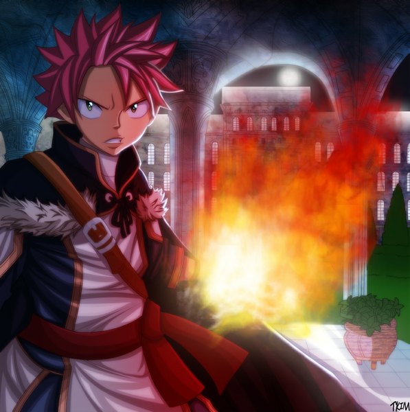 Anime picture 1073x1080 with fairy tail natsu dragneel futuretabs single tall image short hair green eyes pink hair coloring magic light boy plant (plants) tree (trees) belt fur building (buildings) cloak fire arch