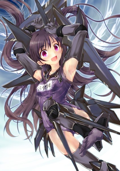 Anime picture 1000x1421 with accel world sunrise (studio) kuroyukihime hasshin akiichi (yagami shuuichi) single long hair tall image open mouth light erotic black hair simple background purple eyes mecha musume girl thighhighs black thighhighs swimsuit one-piece swimsuit school swimsuit