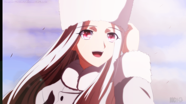Anime picture 2000x1125 with fate (series) fate/zero type-moon irisviel von einzbern ric9duran single long hair highres open mouth smile wide image sky cloud (clouds) pink eyes grey hair coloring fur hat girl hat cap