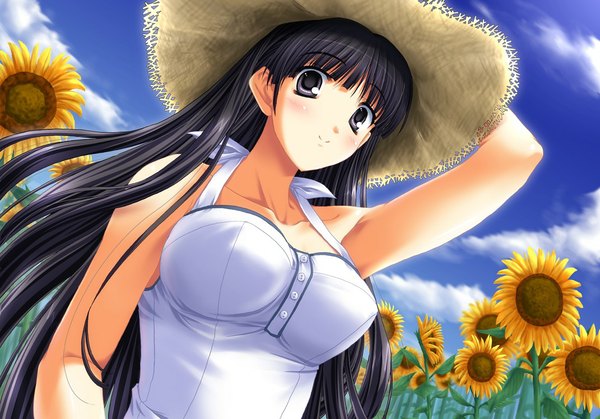 Anime picture 1071x748 with to heart 2 leaf (studio) kusakabe yuuki (to heart 2) miyai max single long hair looking at viewer blush fringe black hair smile sky cleavage cloud (clouds) black eyes from below girl dress flower (flowers) sundress
