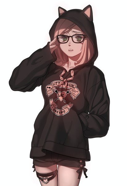 Anime picture 1500x2186 with original revolmxd single tall image looking at viewer short hair simple background standing white background green eyes signed animal ears pink hair parted lips cat ears shadow hand in pocket clothes writing adjusting glasses animal hood