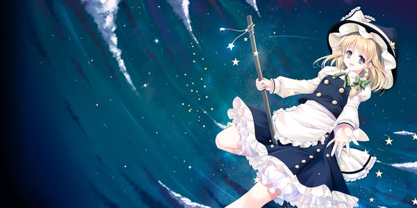 Anime picture 1600x800 with touhou kirisame marisa cetera single long hair open mouth blonde hair wide image yellow eyes cloud (clouds) night night sky witch girl skirt star (symbol) star (stars) witch hat skirt set broom