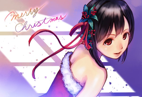 Anime picture 1200x818 with original kami (yoshipt0716) single looking at viewer short hair black hair red eyes bare shoulders christmas merry christmas girl dress hair ornament ribbon (ribbons) hair ribbon