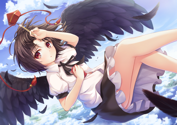 Anime picture 1060x751 with touhou shameimaru aya ouka (ra-raradan) single looking at viewer short hair black hair red eyes sky cloud (clouds) flying girl skirt hat shirt wings feather (feathers)