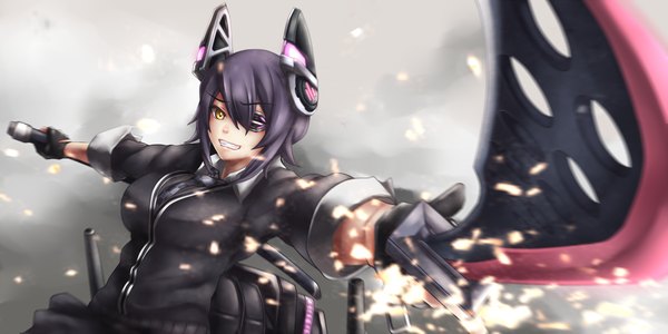 Anime picture 2200x1100 with kantai collection tenryuu light cruiser shashaki single looking at viewer highres short hair black hair smile wide image yellow eyes girl hair ornament weapon sword katana eyepatch