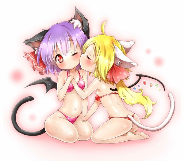 Anime picture 1030x900 with touhou flandre scarlet remilia scarlet tagme (artist) blush short hair light erotic simple background blonde hair red eyes bare shoulders multiple girls animal ears purple hair ahoge tail eyes closed one eye closed barefoot wink