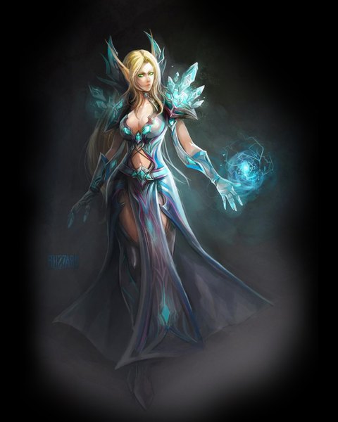 Anime picture 1024x1280 with world of warcraft blizzard entertainment single long hair tall image blonde hair simple background green eyes pointy ears magic elf girl dress gloves navel elbow gloves thigh boots crystal