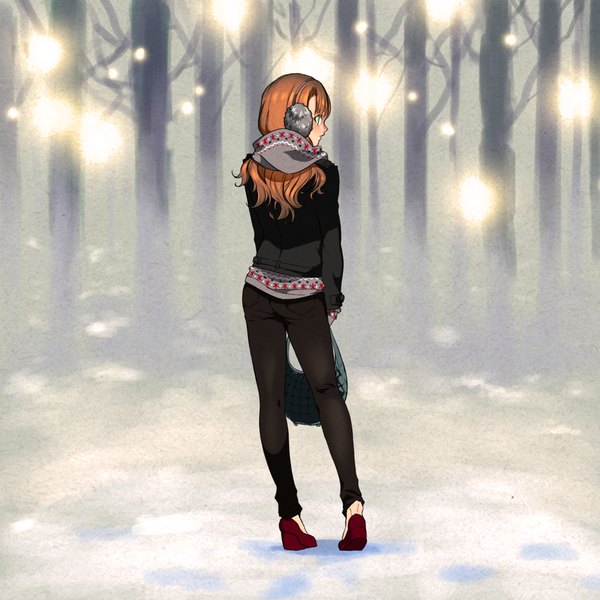 Anime picture 2000x2000 with original hag (pixiv) single long hair blush highres standing holding looking back aqua eyes from behind orange hair back glow girl shoes scarf bag