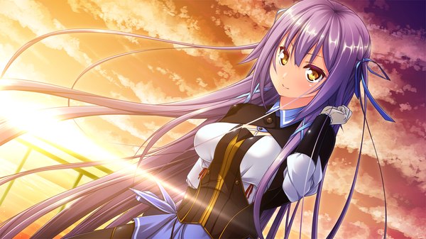 Anime picture 1280x720 with harvest overray giga long hair looking at viewer wide image yellow eyes game cg purple hair couple evening sunset girl dress