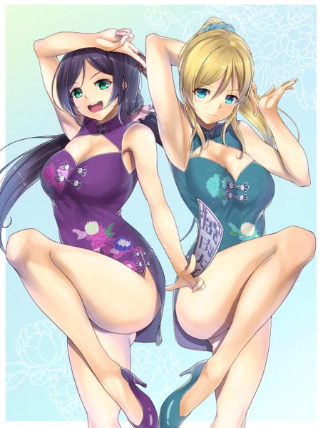 Anime picture 1000x1323 with love live! school idol project sunrise (studio) love live! toujou nozomi ayase eli yamaori (yamaorimon) long hair tall image blue eyes light erotic blonde hair multiple girls green eyes purple hair ponytail legs chinese clothes girl 2 girls chinese dress