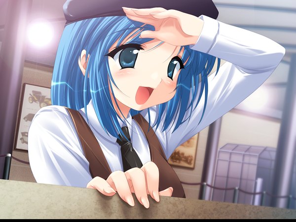 Anime picture 1024x768 with moero downhill night 2 asagiri tomomi emily (pure dream) single short hair open mouth blue eyes blue hair looking away game cg :d arm up fingernails girl beret